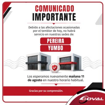 No habrá servicio hoy 10 de agosto de 2026 en nuestras sedes de Pereira y Yumbo.